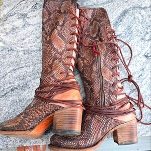 Freebird Pink Snakeskin Coal Lace-Up Boots